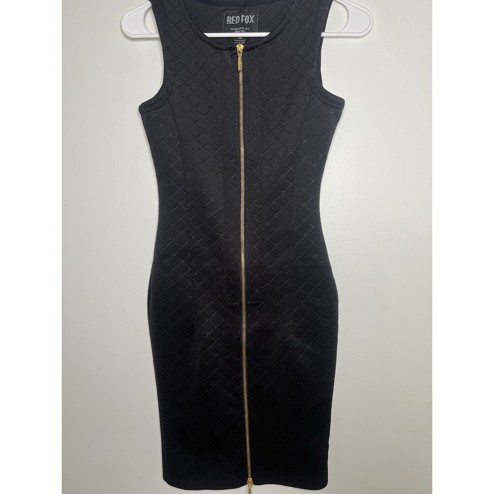 Redfox Med Black Quilted Full Gold Zipper Dress‎ Curvy Sexy Tight Cocktail Party